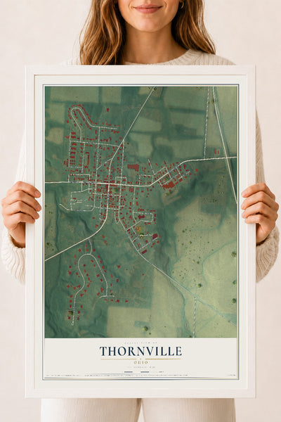 Map of Thornville, Ohio, 18 x 24 inch print in a white wood frame
