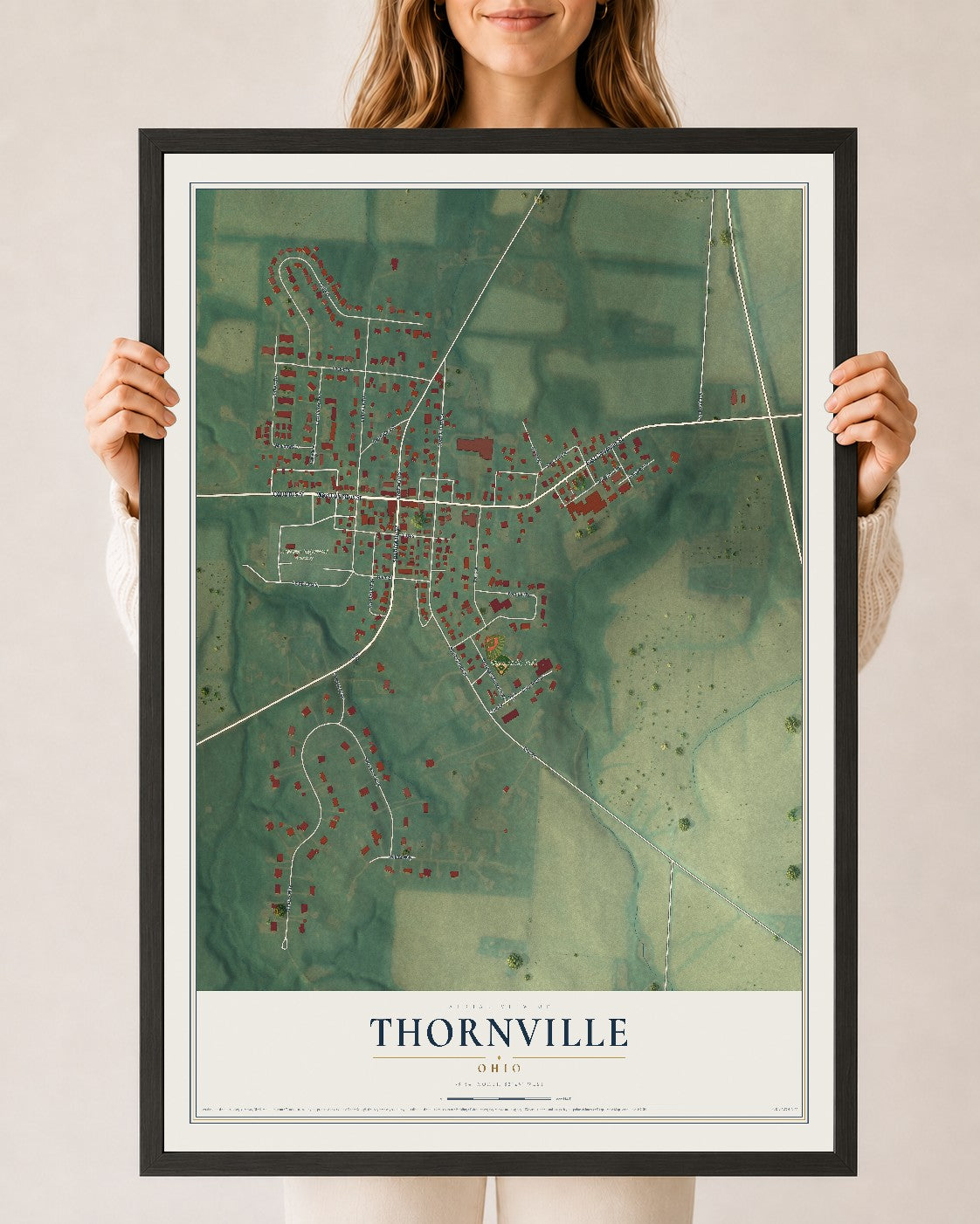 Map of Thornville, Ohio, 24 x 36 inch print in a black wood frame
