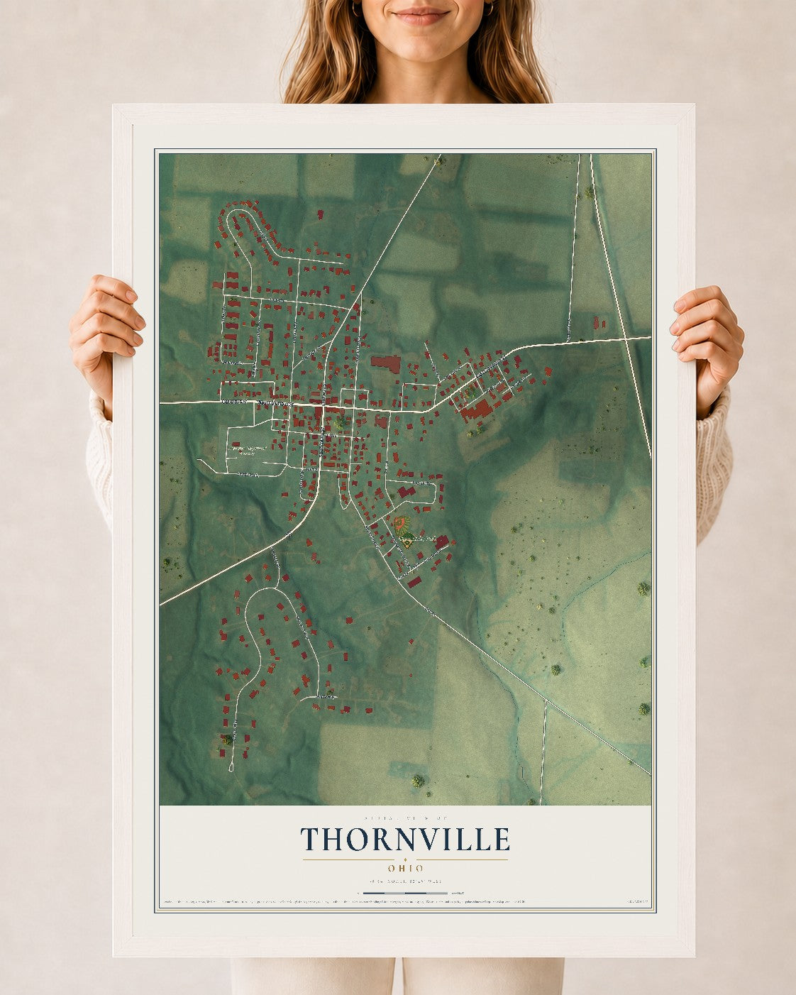 Map of Thornville, Ohio, 24 x 36 inch print in a white wood frame