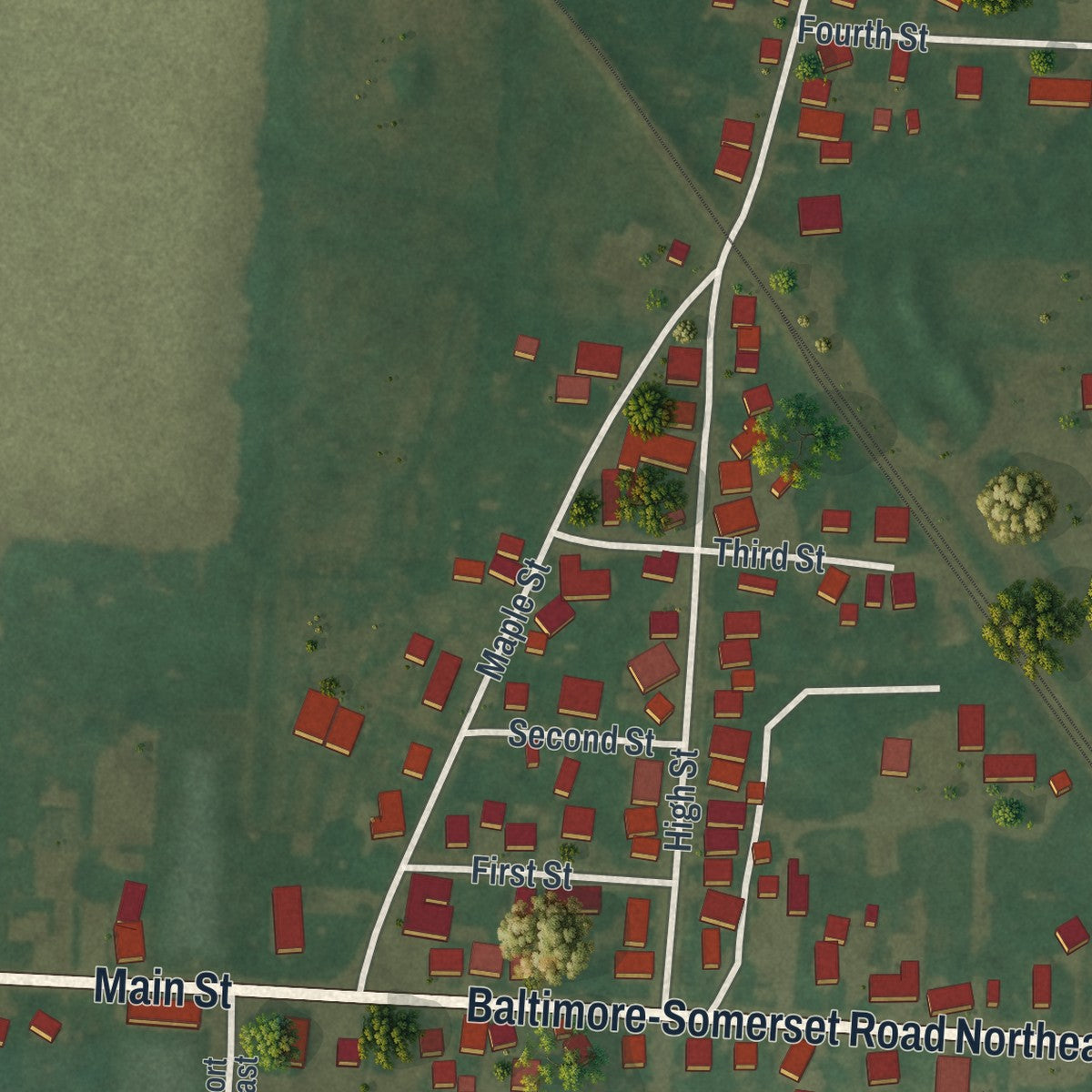 Close-up of the map of Thurston, Ohio print showing street and building detail