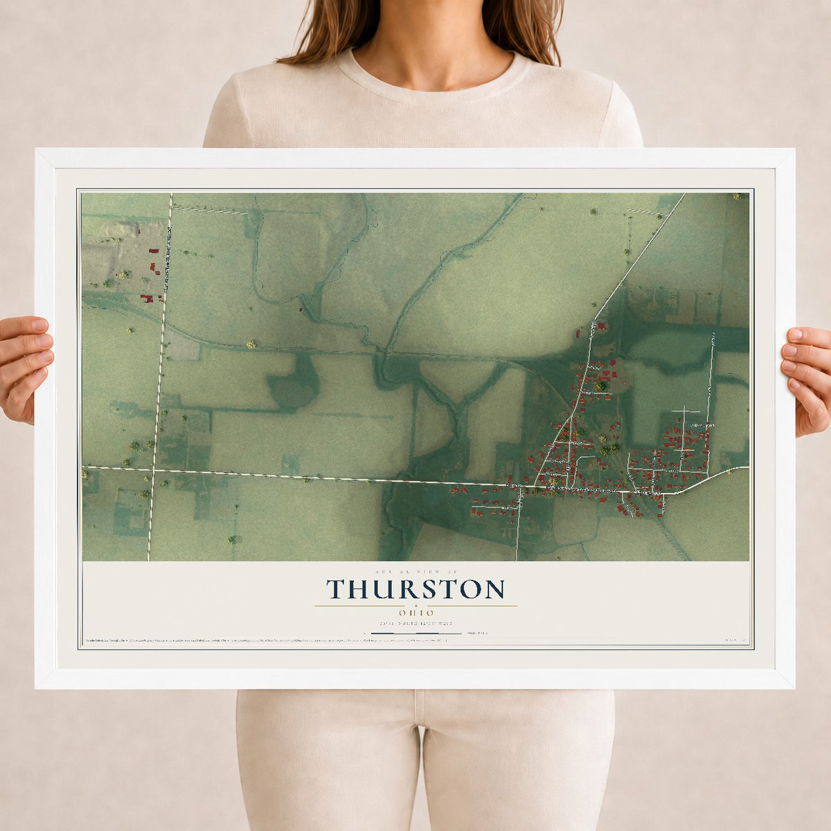 Map of Thurston, Ohio, 18 x 24 inch print in a white wood frame