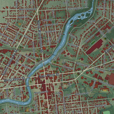 Close-up of the map of Tiffin, Ohio print showing street and building detail