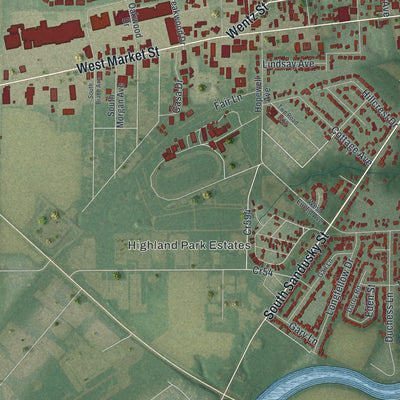 Second close-up of the map of Tiffin, Ohio print showing more streets and buildings