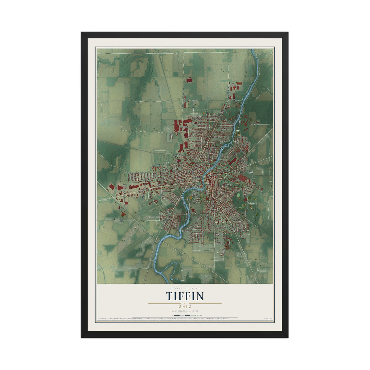Map of Tiffin, Ohio, 12 x 18 inch print in a black wood frame