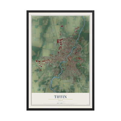Map of Tiffin, Ohio, 12 x 18 inch print in a black wood frame