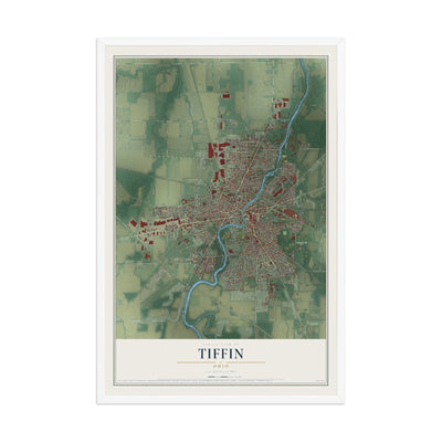 Map of Tiffin, Ohio, 12 x 18 inch print in a white wood frame