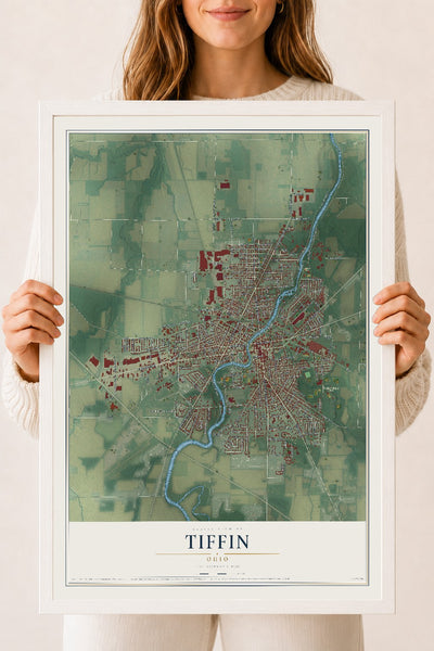 Map of Tiffin, Ohio, 18 x 24 inch print in a white wood frame