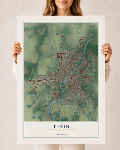 Map of Tiffin, Ohio, 24 x 36 inch print in a white wood frame