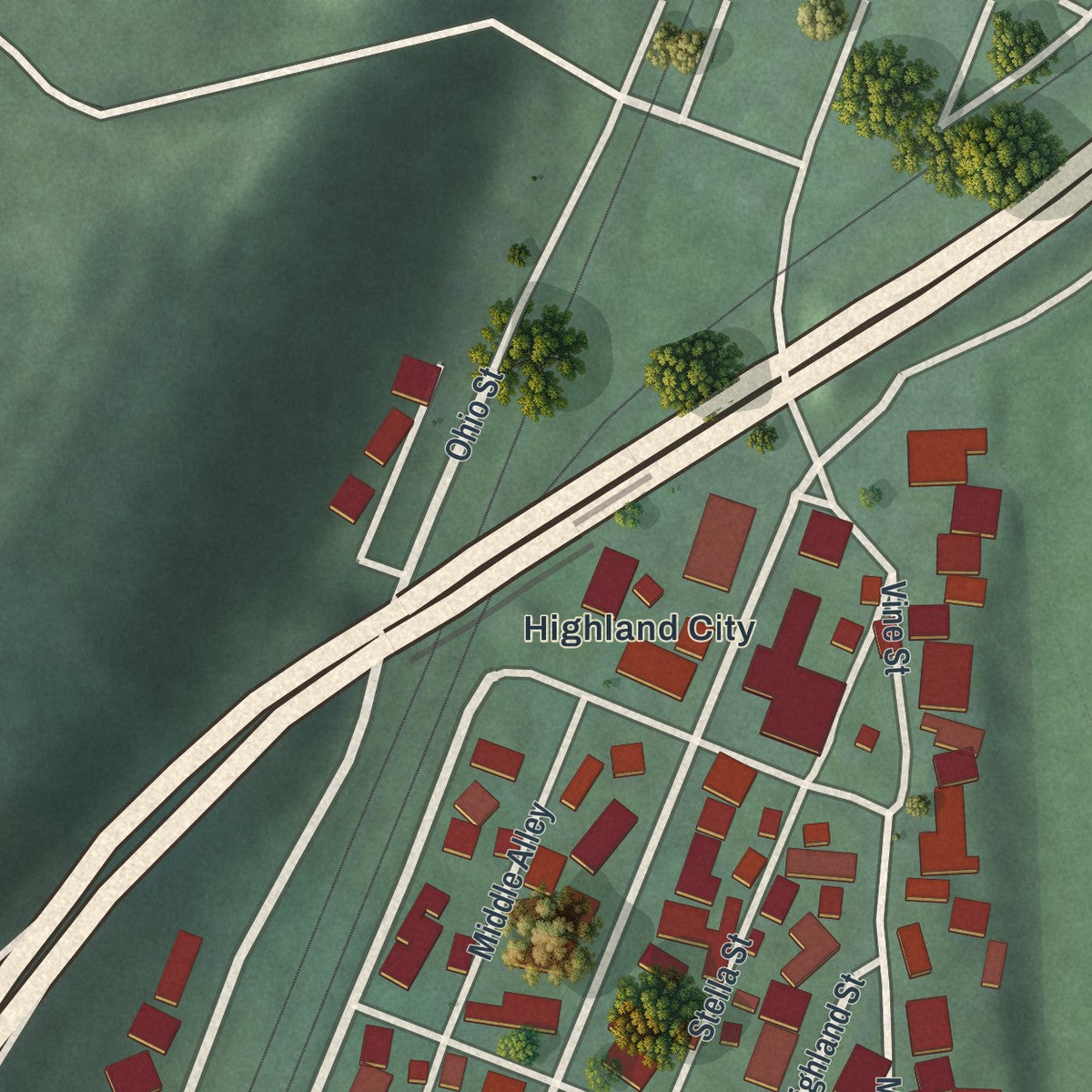 Second close-up of the map of Tiltonsville, Ohio print showing more streets and buildings