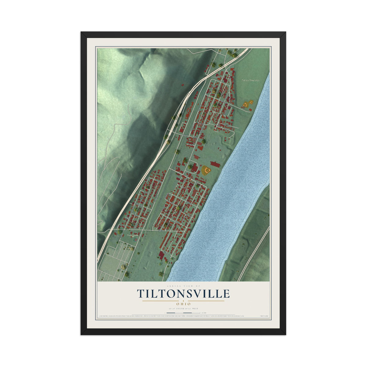 Map of Tiltonsville, Ohio, 12 x 18 inch print in a black wood frame