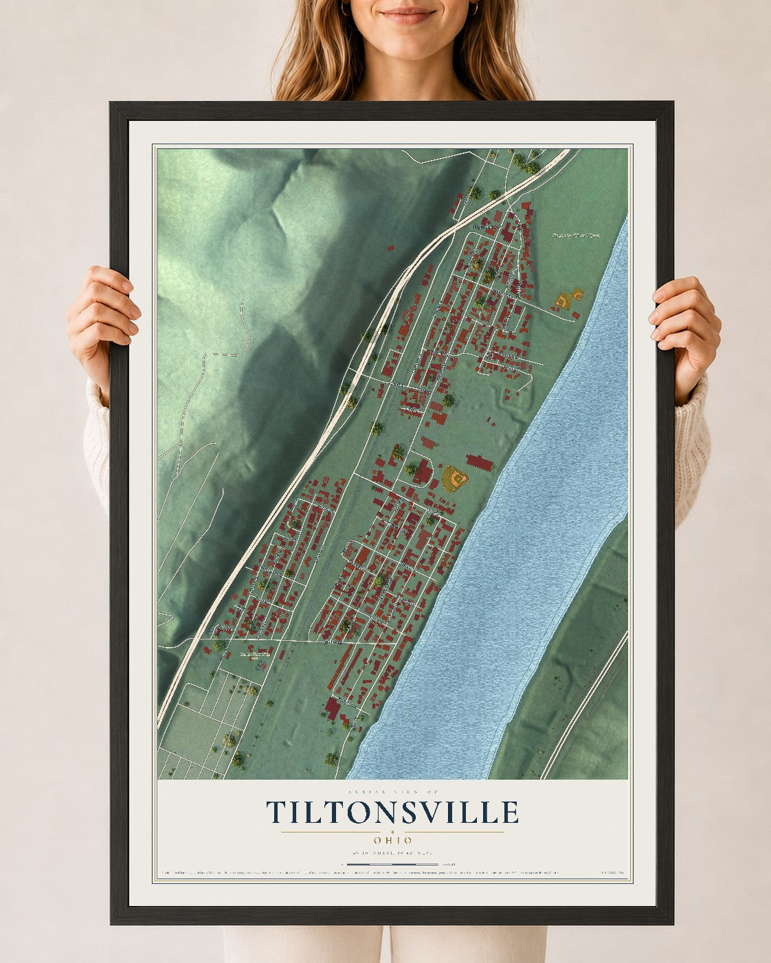 Map of Tiltonsville, Ohio, 24 x 36 inch print in a black wood frame