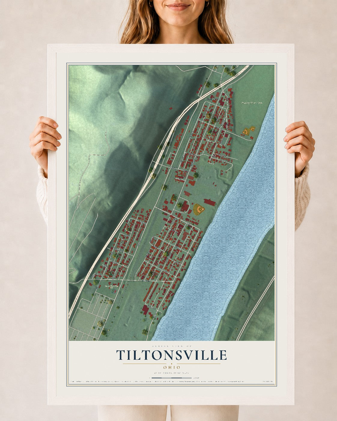 Map of Tiltonsville, Ohio, 24 x 36 inch print in a white wood frame