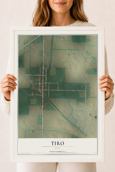 Map of Tiro, Ohio, 18 x 24 inch print in a white wood frame