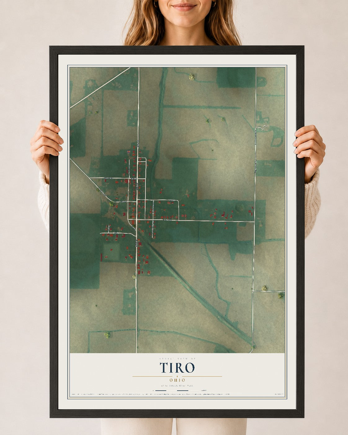 Map of Tiro, Ohio, 24 x 36 inch print in a black wood frame