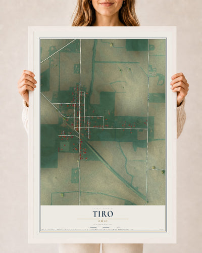 Map of Tiro, Ohio, 24 x 36 inch print in a white wood frame