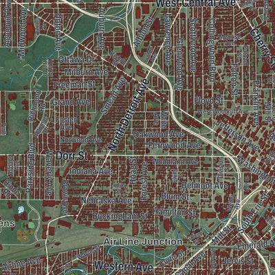 Close-up of the map of Toledo, Ohio print showing street and building detail