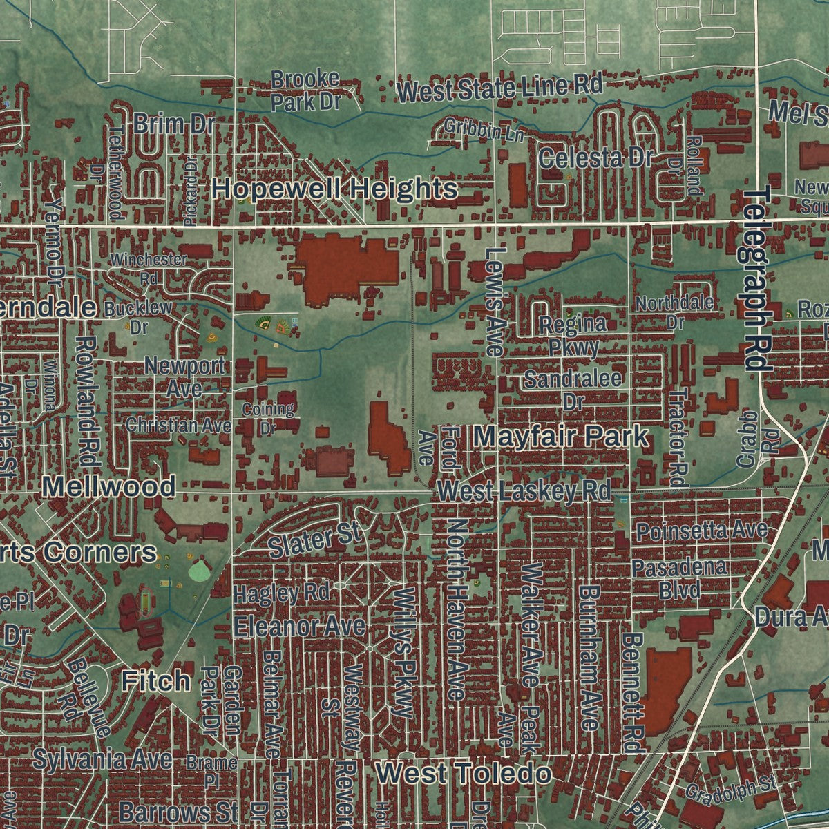 Second close-up of the map of Toledo, Ohio print showing more streets and buildings
