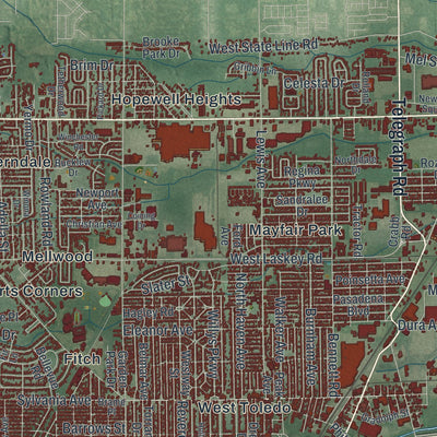 Second close-up of the map of Toledo, Ohio print showing more streets and buildings