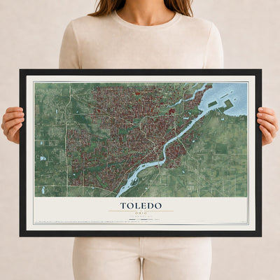 Map of Toledo, Ohio, 12 x 18 inch print in a black wood frame