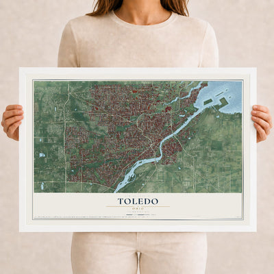 Map of Toledo, Ohio, 12 x 18 inch print in a white wood frame