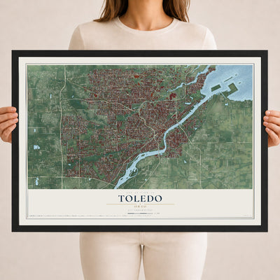 Map of Toledo, Ohio, 18 x 24 inch print in a black wood frame