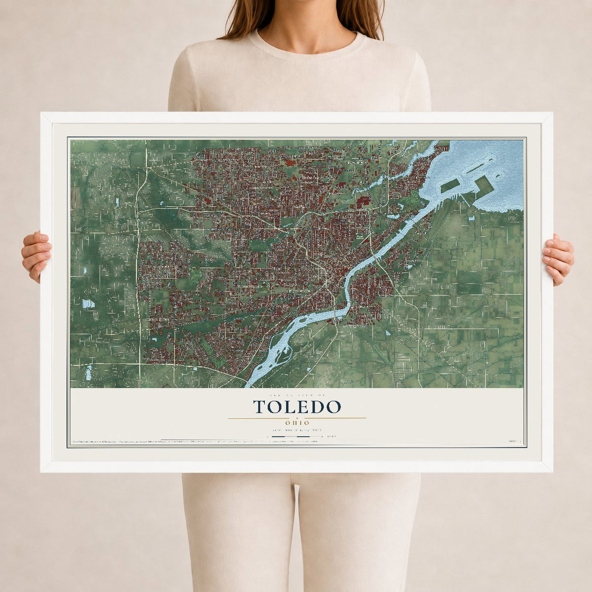 Map of Toledo, Ohio, 24 x 36 inch print in a white wood frame