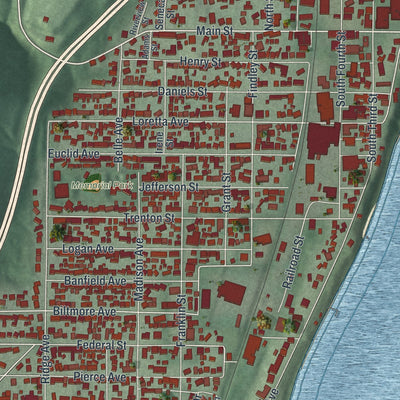 Close-up of the map of Toronto, Ohio print showing street and building detail