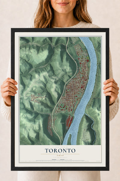 Map of Toronto, Ohio, 18 x 24 inch print in a black wood frame