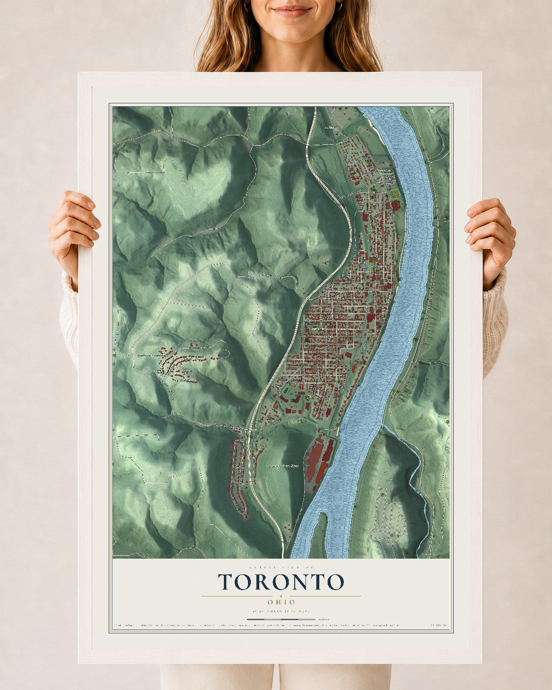 Map of Toronto, Ohio, 24 x 36 inch print in a white wood frame