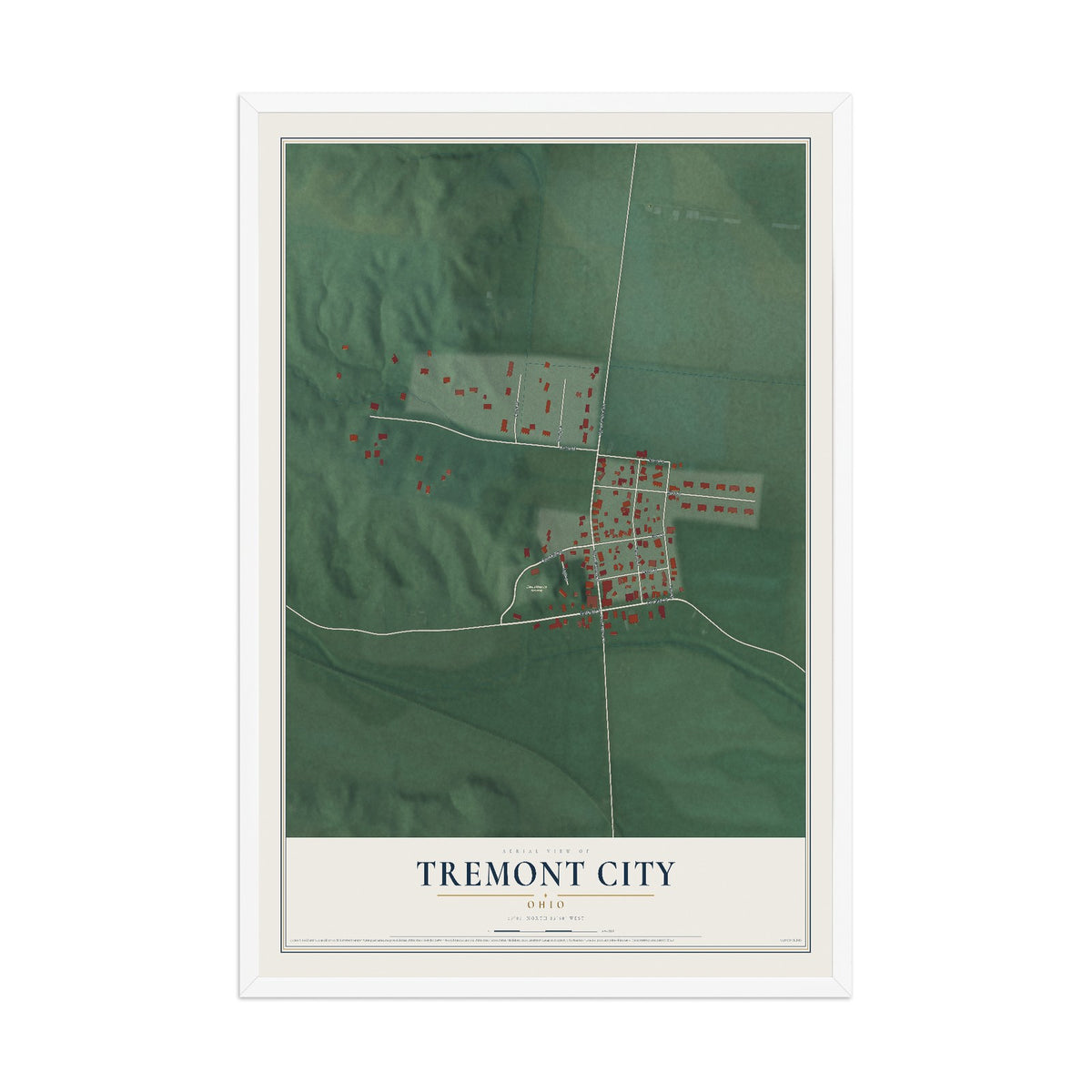 Map of Tremont City, Ohio, 12 x 18 inch print in a white wood frame