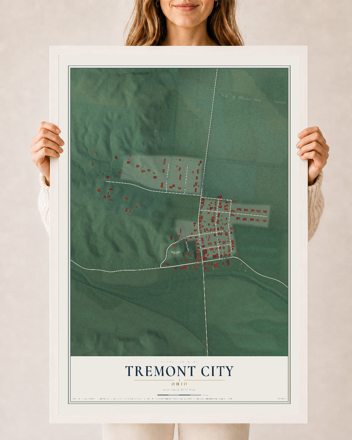 Map of Tremont City, Ohio, 24 x 36 inch print in a white wood frame