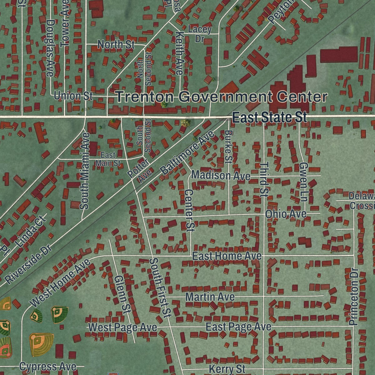 Close-up of the map of Trenton, Ohio print showing street and building detail