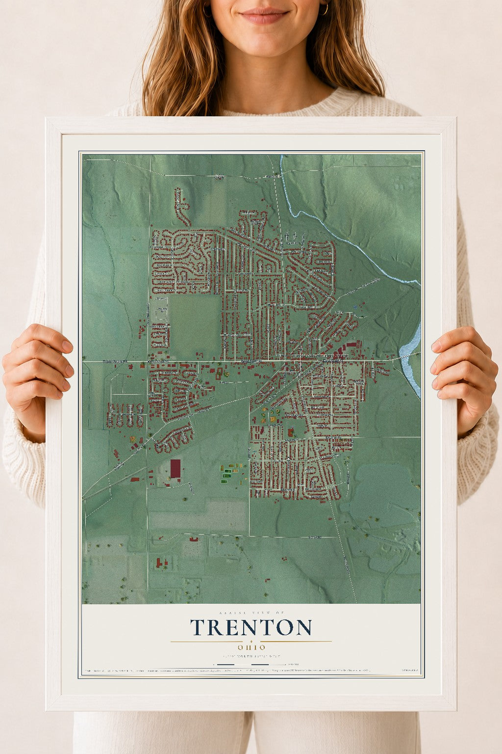 Map of Trenton, Ohio, 18 x 24 inch print in a white wood frame