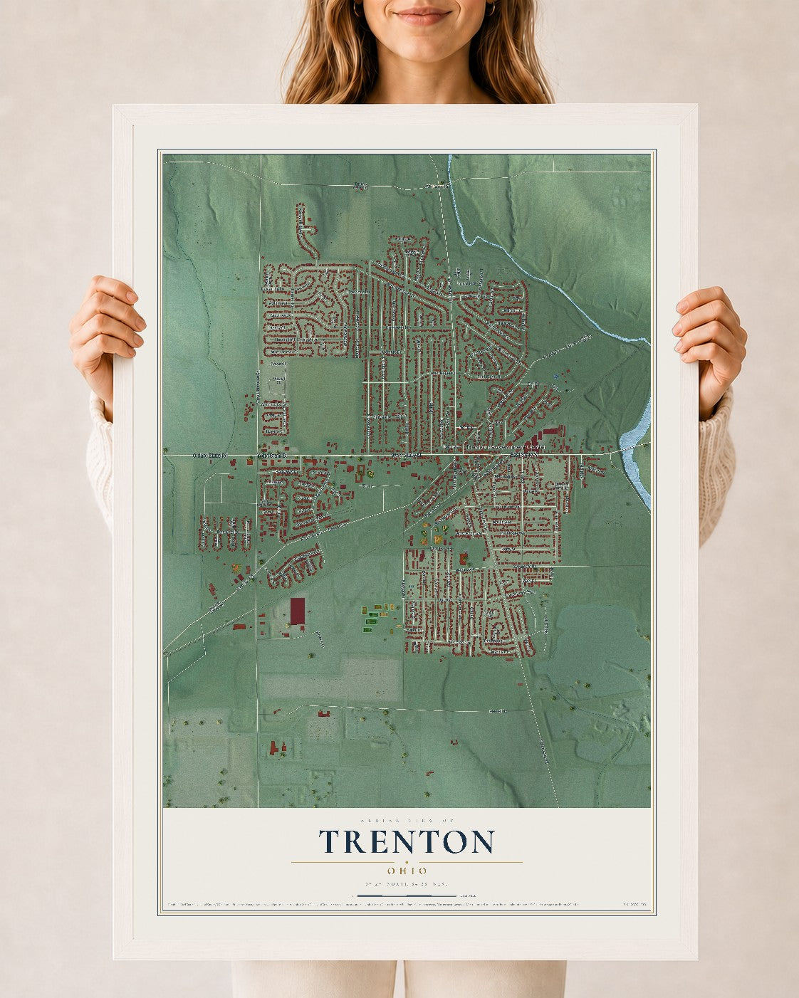 Map of Trenton, Ohio, 24 x 36 inch print in a white wood frame