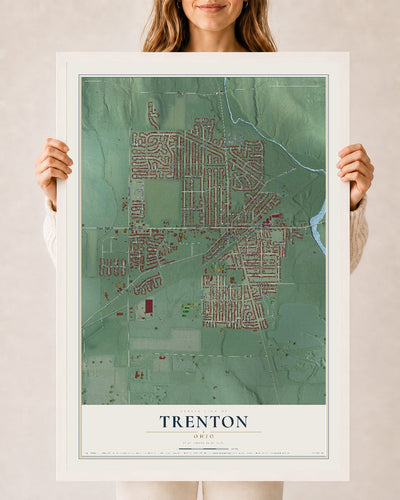Map of Trenton, Ohio, 24 x 36 inch print in a white wood frame