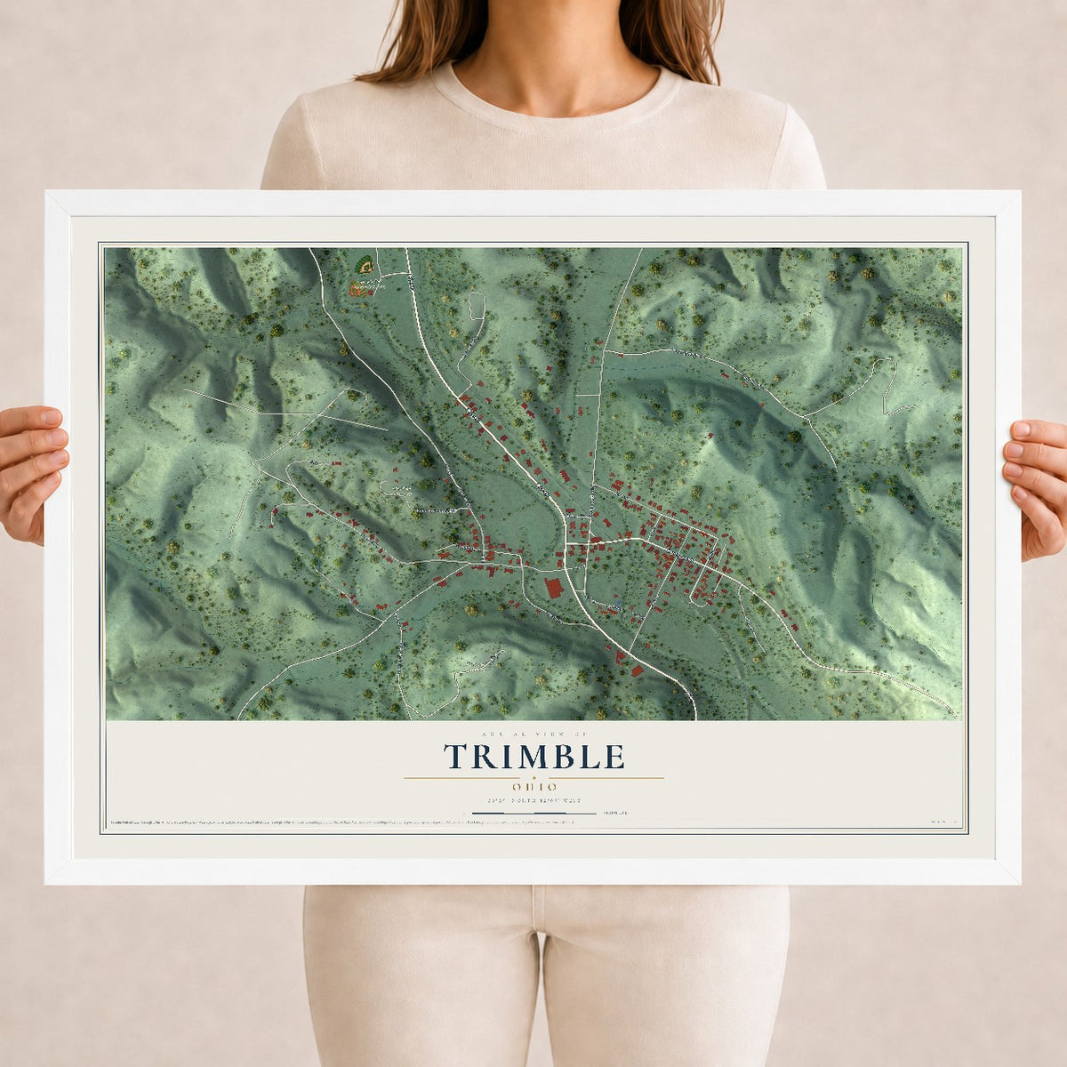 Map of Trimble, Ohio, 18 x 24 inch print in a white wood frame