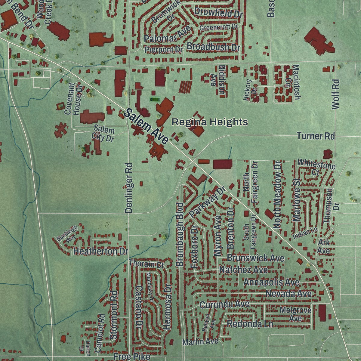 Close-up of the map of Trotwood, Ohio print showing street and building detail