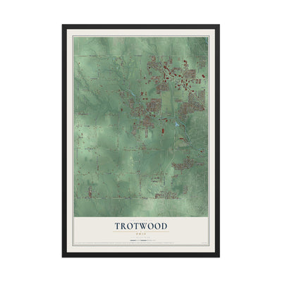 Map of Trotwood, Ohio, 12 x 18 inch print in a black wood frame