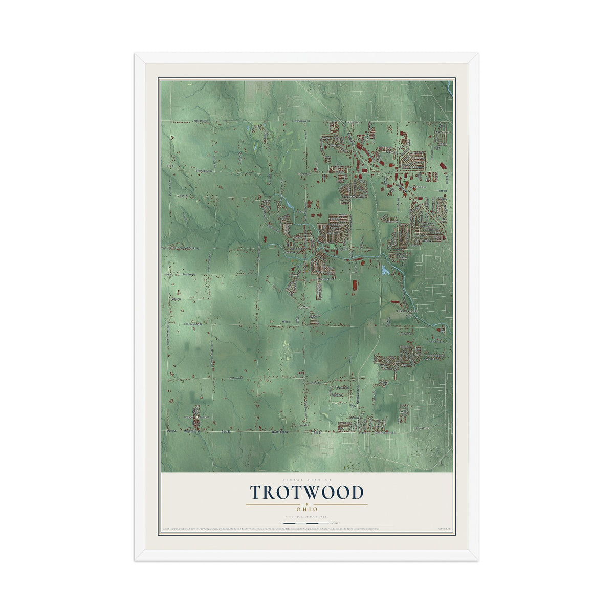 Map of Trotwood, Ohio, 12 x 18 inch print in a white wood frame