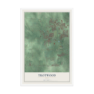 Map of Trotwood, Ohio, 12 x 18 inch print in a white wood frame