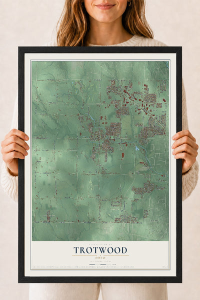 Map of Trotwood, Ohio, 18 x 24 inch print in a black wood frame