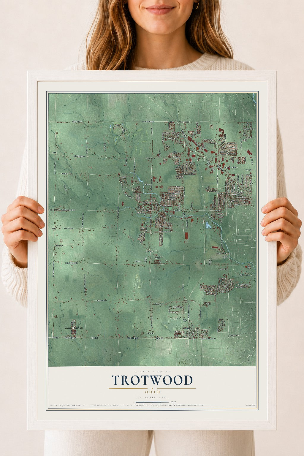 Map of Trotwood, Ohio, 18 x 24 inch print in a white wood frame
