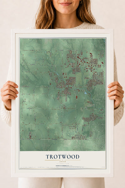 Map of Trotwood, Ohio, 18 x 24 inch print in a white wood frame