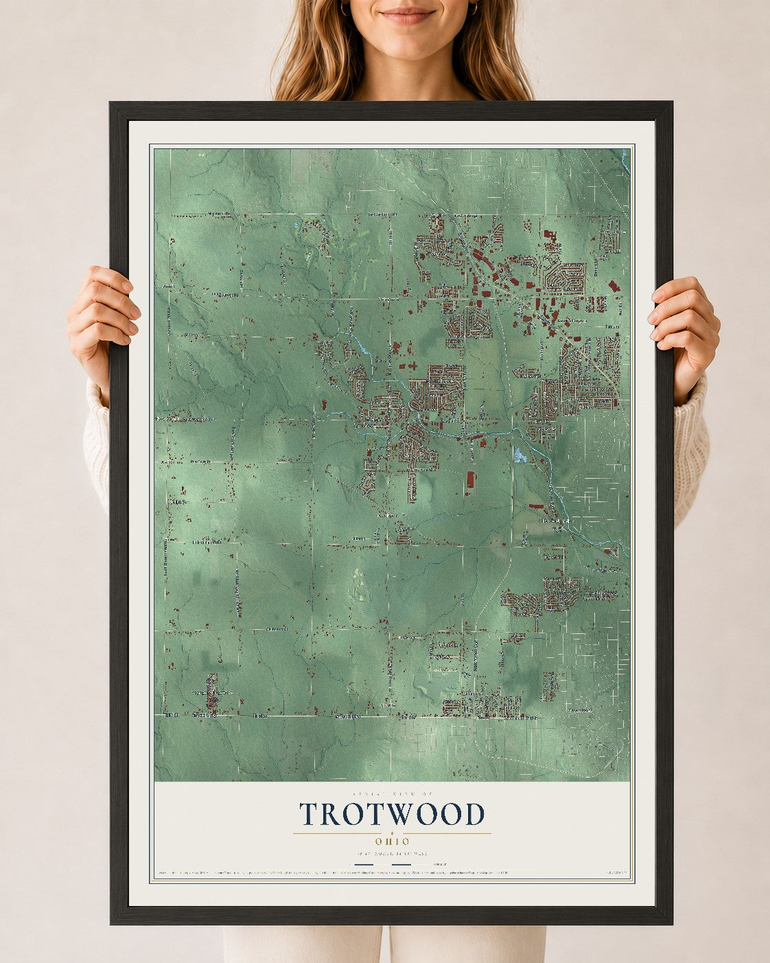 Map of Trotwood, Ohio, 24 x 36 inch print in a black wood frame