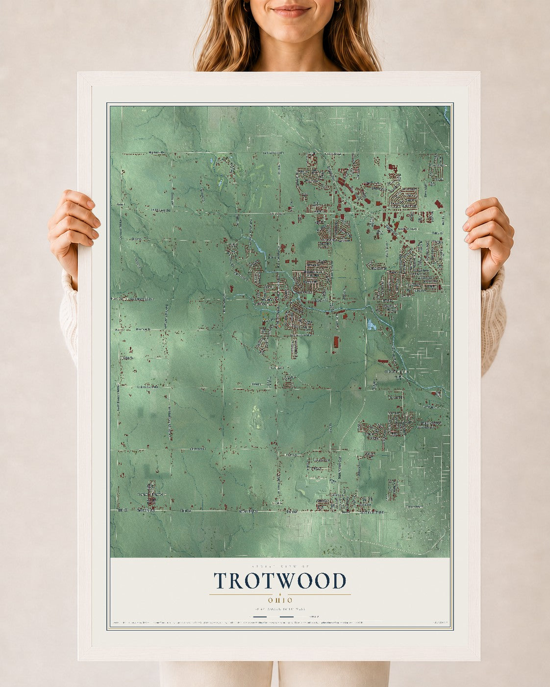 Map of Trotwood, Ohio, 24 x 36 inch print in a white wood frame