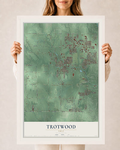 Map of Trotwood, Ohio, 24 x 36 inch print in a white wood frame