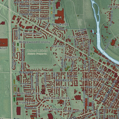 Close-up of the map of Troy, Ohio print showing street and building detail