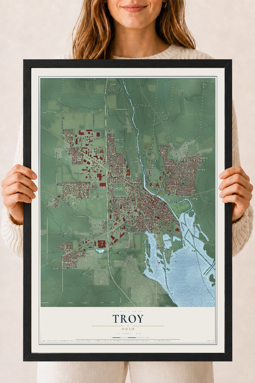 Map of Troy, Ohio, 18 x 24 inch print in a black wood frame