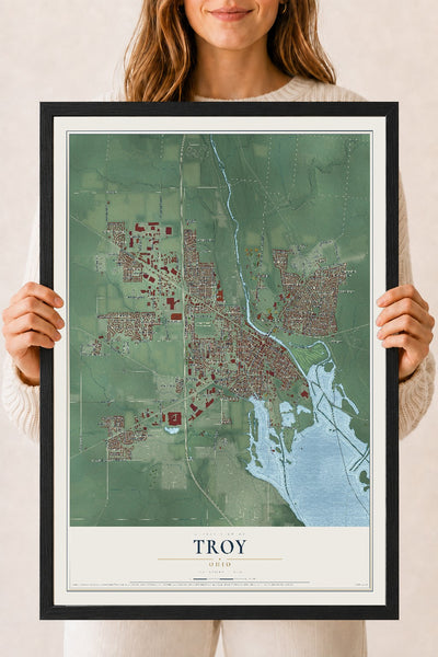 Map of Troy, Ohio, 18 x 24 inch print in a black wood frame