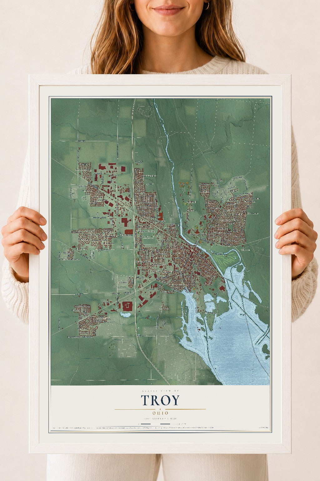 Map of Troy, Ohio, 18 x 24 inch print in a white wood frame